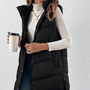 Black Casual Women's Zip Up Slant Pocket Sleeveless Hooded Padded Coat